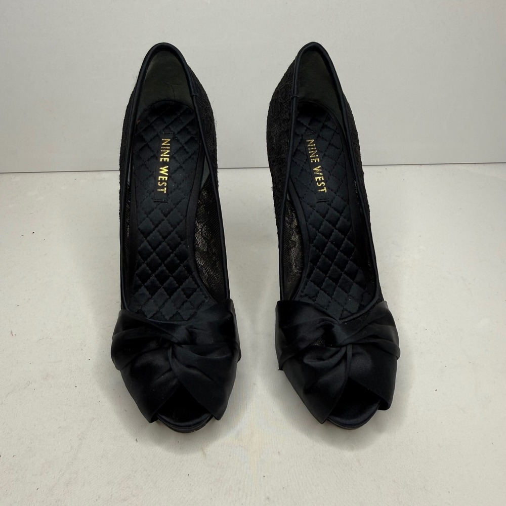 Nine West Black Lace Satin Peep Toe Knotted Platform Pump Heels 7.5M